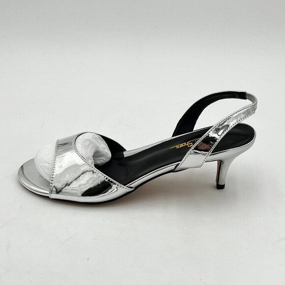 Milooey shoes Silver Comfy Slingback Kitten Heels Elegant Peep Toe Sandals - Picture 2 of 6